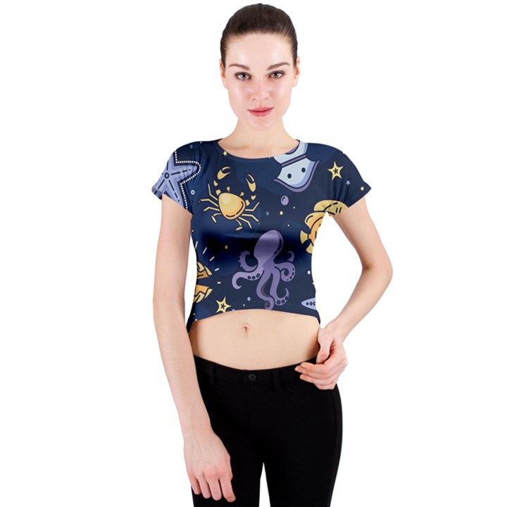 Marine-seamless-pattern-thin-line-memphis-style Crew Neck Crop Top