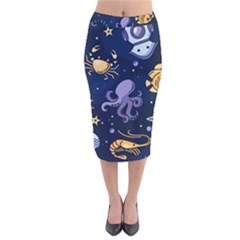 Marine-seamless-pattern-thin-line-memphis-style Velvet Midi Pencil Skirt by uniart180623