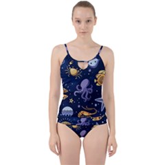 Marine-seamless-pattern-thin-line-memphis-style Cut Out Top Tankini Set by uniart180623