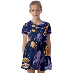 Marine-seamless-pattern-thin-line-memphis-style Kids  Short Sleeve Pinafore Style Dress by uniart180623