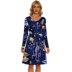 Marine-seamless-pattern-thin-line-memphis-style Long Sleeve Dress With Pocket by uniart180623