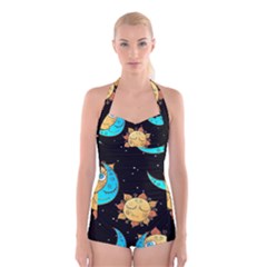 Seamless-pattern-with-sun-moon-children Boyleg Halter Swimsuit  by uniart180623