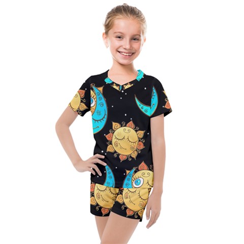 Seamless-pattern-with-sun-moon-children Kids  Mesh Tee And Shorts Set by uniart180623