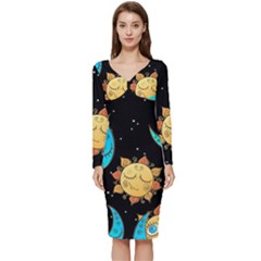 Seamless-pattern-with-sun-moon-children Long Sleeve V-neck Bodycon Dress  by uniart180623