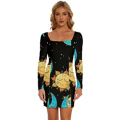 Seamless-pattern-with-sun-moon-children Long Sleeve Square Neck Bodycon Velvet Dress