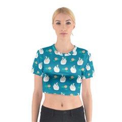 Elegant-swan-pattern-with-water-lily-flowers Cotton Crop Top by uniart180623