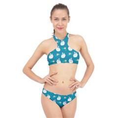 Elegant-swan-pattern-with-water-lily-flowers High Neck Bikini Set by uniart180623