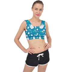 Elegant-swan-pattern-with-water-lily-flowers V-back Sports Bra by uniart180623