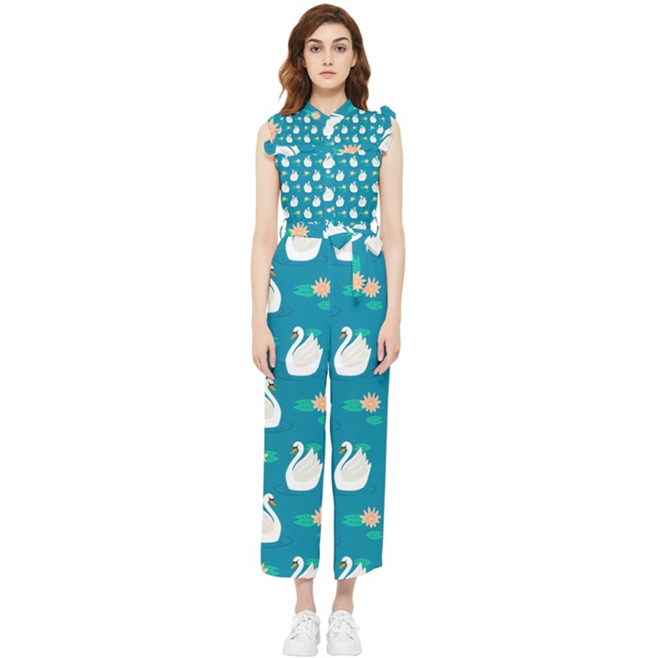 Elegant-swan-pattern-with-water-lily-flowers Women s Frill Top Chiffon Jumpsuit