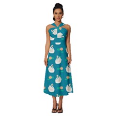 Elegant-swan-pattern-with-water-lily-flowers Sleeveless Cross Front Cocktail Midi Chiffon Dress by uniart180623