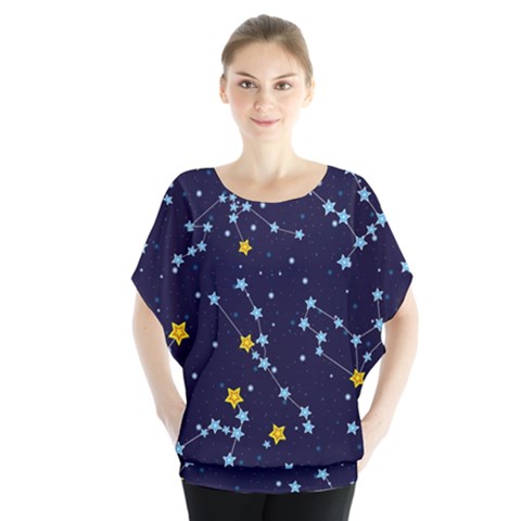 Seamless-pattern-with-cartoon-zodiac-constellations-starry-sky Batwing Chiffon Blouse by uniart180623