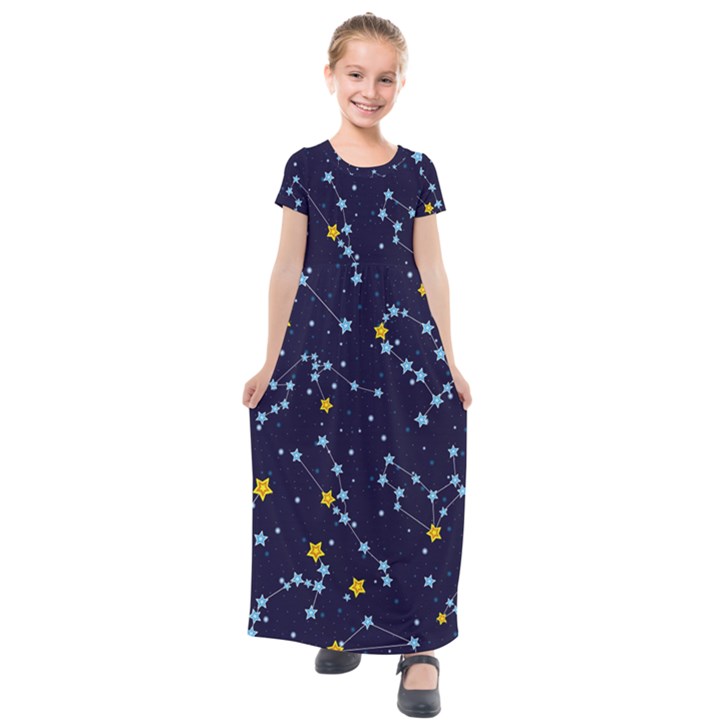 Seamless-pattern-with-cartoon-zodiac-constellations-starry-sky Kids  Short Sleeve Maxi Dress