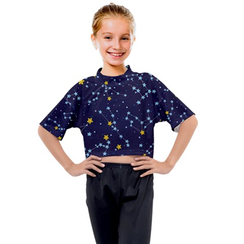 Seamless-pattern-with-cartoon-zodiac-constellations-starry-sky Kids Mock Neck Tee by uniart180623