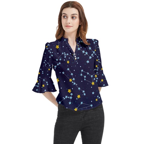 Seamless-pattern-with-cartoon-zodiac-constellations-starry-sky Loose Horn Sleeve Chiffon Blouse by uniart180623