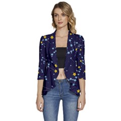 Seamless-pattern-with-cartoon-zodiac-constellations-starry-sky Women s 3/4 Sleeve Ruffle Edge Open Front Jacket by uniart180623