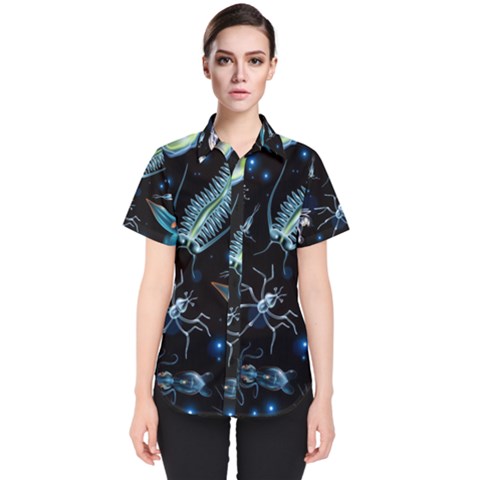 Colorful-abstract-pattern-consisting-glowing-lights-luminescent-images-marine-plankton-dark Women s Short Sleeve Shirt by uniart180623