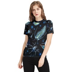 Colorful-abstract-pattern-consisting-glowing-lights-luminescent-images-marine-plankton-dark Women s Short Sleeve Rash Guard by uniart180623