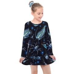 Colorful-abstract-pattern-consisting-glowing-lights-luminescent-images-marine-plankton-dark Kids  Long Sleeve Dress by uniart180623