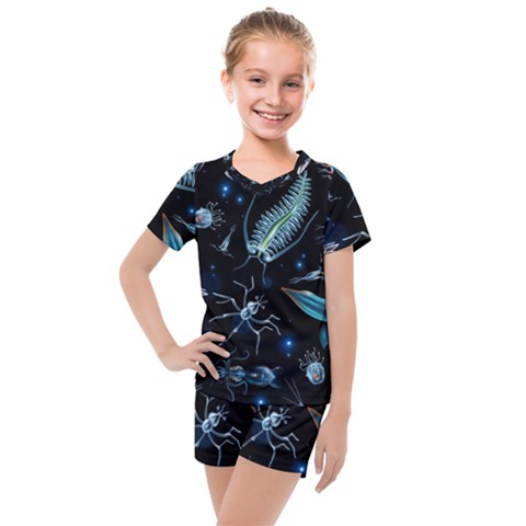 Colorful-abstract-pattern-consisting-glowing-lights-luminescent-images-marine-plankton-dark Kids  Mesh Tee And Shorts Set by uniart180623