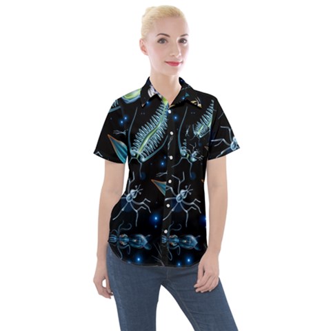 Colorful-abstract-pattern-consisting-glowing-lights-luminescent-images-marine-plankton-dark Women s Short Sleeve Pocket Shirt by uniart180623