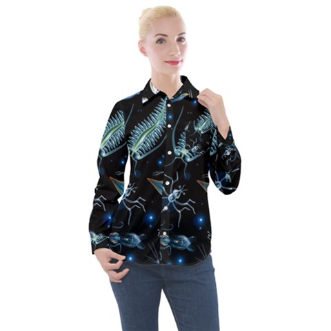 Colorful-abstract-pattern-consisting-glowing-lights-luminescent-images-marine-plankton-dark Women s Long Sleeve Pocket Shirt by uniart180623