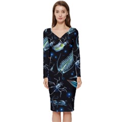 Colorful-abstract-pattern-consisting-glowing-lights-luminescent-images-marine-plankton-dark Long Sleeve V-neck Bodycon Dress  by uniart180623