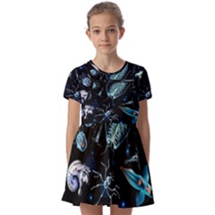 Colorful-abstract-pattern-consisting-glowing-lights-luminescent-images-marine-plankton-dark Kids  Short Sleeve Pinafore Style Dress by uniart180623