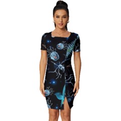 Colorful-abstract-pattern-consisting-glowing-lights-luminescent-images-marine-plankton-dark Fitted Knot Split End Bodycon Dress by uniart180623