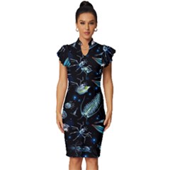 Colorful-abstract-pattern-consisting-glowing-lights-luminescent-images-marine-plankton-dark Vintage Frill Sleeve V-neck Bodycon Dress by uniart180623