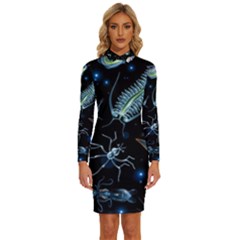 Colorful-abstract-pattern-consisting-glowing-lights-luminescent-images-marine-plankton-dark Long Sleeve Shirt Collar Bodycon Dress by uniart180623