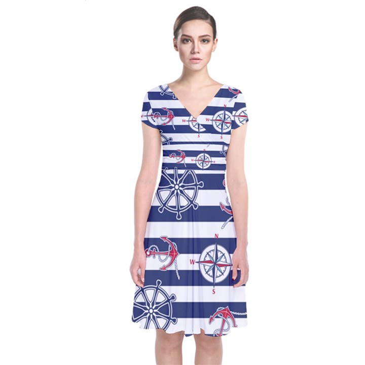 Seamless-marine-pattern Short Sleeve Front Wrap Dress