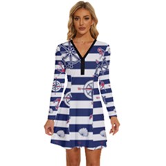 Seamless-marine-pattern Long Sleeve Deep V Mini Dress  by uniart180623