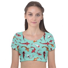 Pattern-with-koi-fishes Velvet Short Sleeve Crop Top  by uniart180623