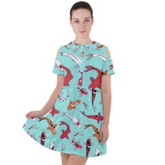 Pattern-with-koi-fishes Short Sleeve Shoulder Cut Out Dress  by uniart180623