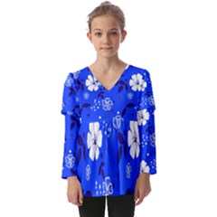 Blooming-seamless-pattern-blue-colors Kids  V Neck Casual Top