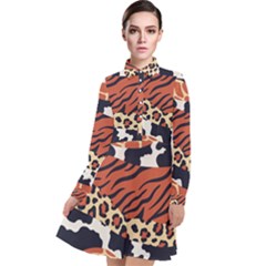 Mixed-animal-skin-print-safari-textures-mix-leopard-zebra-tiger-skins-patterns-luxury-animals-textur Long Sleeve Chiffon Shirt Dress by uniart180623