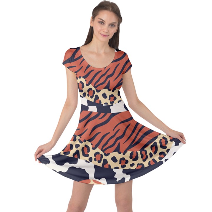 Mixed-animal-skin-print-safari-textures-mix-leopard-zebra-tiger-skins-patterns-luxury-animals-textur Cap Sleeve Dress