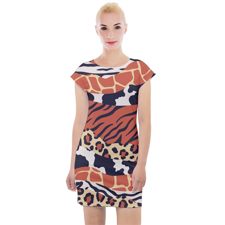 Mixed-animal-skin-print-safari-textures-mix-leopard-zebra-tiger-skins-patterns-luxury-animals-textur Cap Sleeve Bodycon Dress