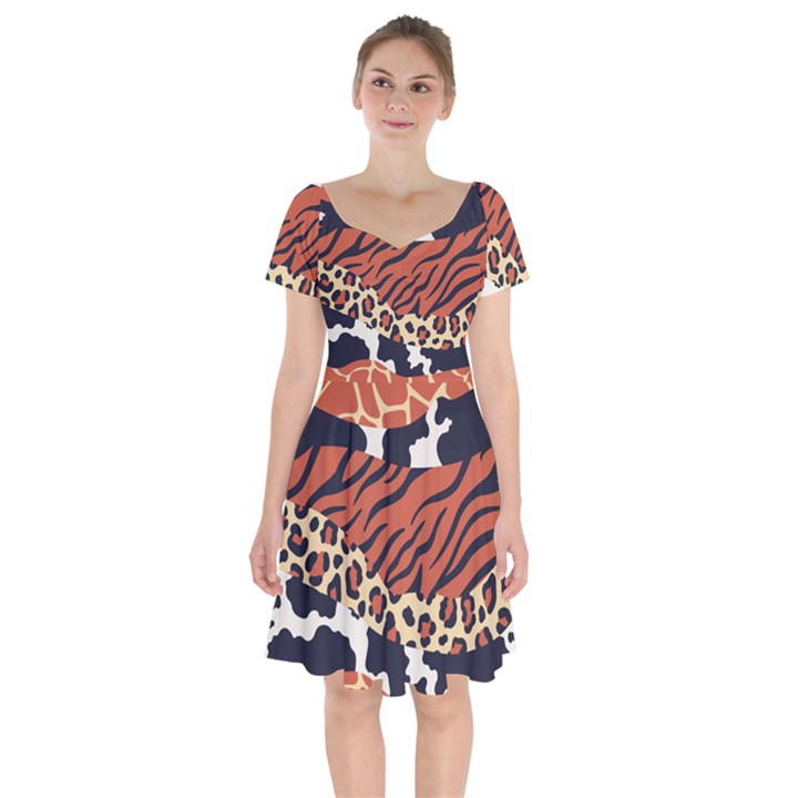 Mixed-animal-skin-print-safari-textures-mix-leopard-zebra-tiger-skins-patterns-luxury-animals-textur Short Sleeve Bardot Dress