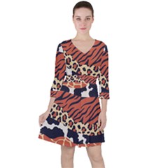 Mixed-animal-skin-print-safari-textures-mix-leopard-zebra-tiger-skins-patterns-luxury-animals-textur Quarter Sleeve Ruffle Waist Dress by uniart180623