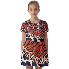 Mixed-animal-skin-print-safari-textures-mix-leopard-zebra-tiger-skins-patterns-luxury-animals-textur Kids  Short Sleeve Pinafore Style Dress by uniart180623