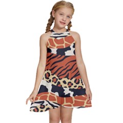 Mixed-animal-skin-print-safari-textures-mix-leopard-zebra-tiger-skins-patterns-luxury-animals-textur Kids  Halter Collar Waist Tie Chiffon Dress by uniart180623