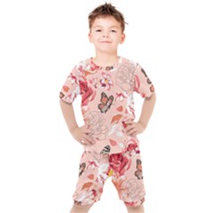 Beautiful-seamless-spring-pattern-with-roses-peony-orchid-succulents Kids  Tee And Shorts Set by uniart180623