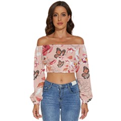 Beautiful-seamless-spring-pattern-with-roses-peony-orchid-succulents Long Sleeve Crinkled Weave Crop Top by uniart180623