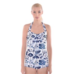 Indigo-watercolor-floral-seamless-pattern Boyleg Halter Swimsuit  by uniart180623