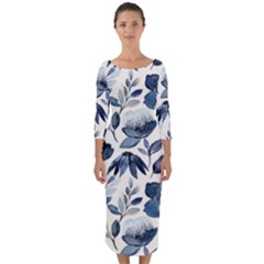 Indigo-watercolor-floral-seamless-pattern Quarter Sleeve Midi Bodycon Dress by uniart180623