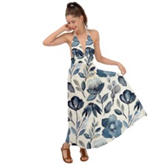 Indigo-watercolor-floral-seamless-pattern Backless Maxi Beach Dress by uniart180623