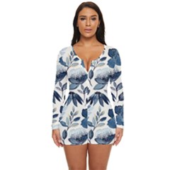 Indigo-watercolor-floral-seamless-pattern Long Sleeve Boyleg Swimsuit by uniart180623