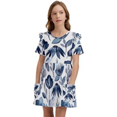 Indigo-watercolor-floral-seamless-pattern Kids  Frilly Sleeves Pocket Dress by uniart180623