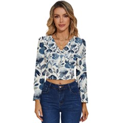 Indigo-watercolor-floral-seamless-pattern Long Sleeve V-neck Top by uniart180623